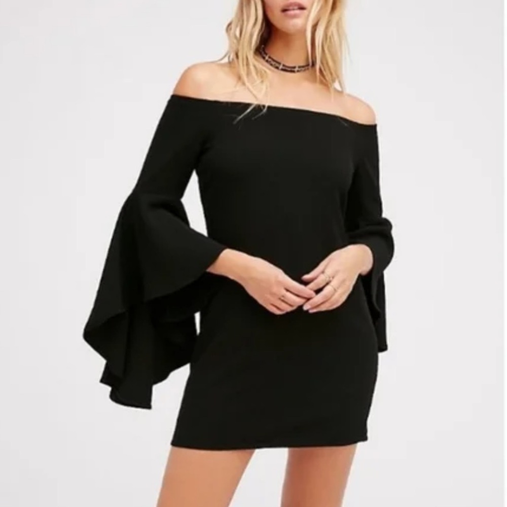 Free People “Backstage” Black Off-Shoulder Ruffle Sleeve Mini Dress Size S
